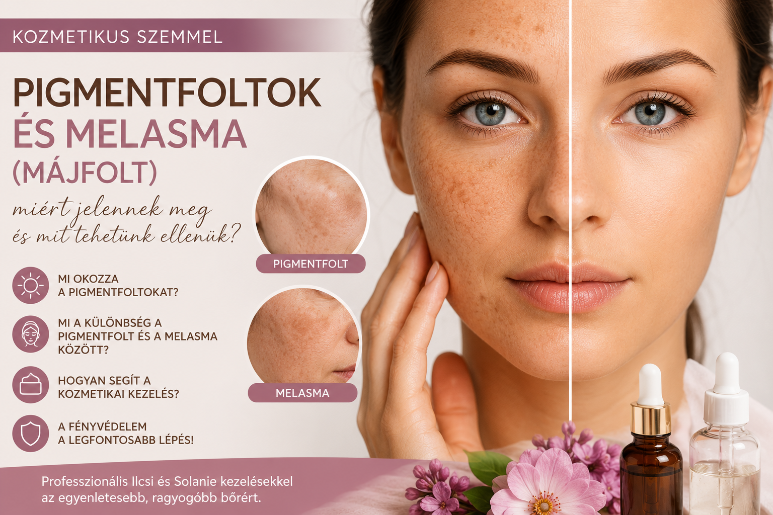 Pigmentfoltok kialakulása,
mi a különbség a pigmentfolt és a melasma - májfolt között, és hogyan segíthetnek a professzionális Ilcsi és Solanie kezelések,